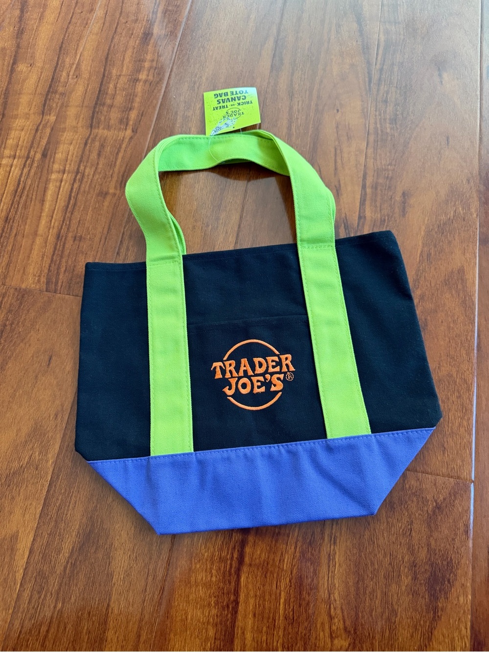 Trader Joe's Black Canvas Tote with Lime Handles and Purple Trim